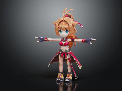 Anime Chibi Character With Orange Twin Tails Red White Outfit Black Gloves And Patterned Shoes 3d model