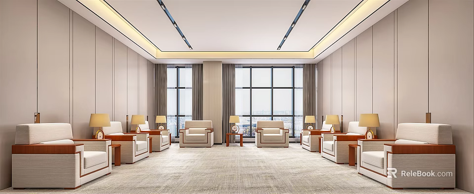 Spacious Hotel Public Lounge With Comfortable Armchairs Large Windows And Soft Carpet Interior 3d model