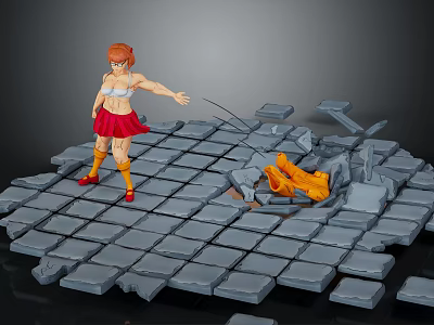 Red Haired Female Character In Red Skirt With Orange Creature On Broken Gray Tile Ground 3d model