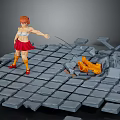 Red Haired Female Character In Red Skirt With Orange Creature On Broken Gray Tile Ground