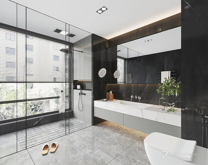 Modern Bathroom Interior With Glass Shower Large Mirror Marble Vanity Potted Plant And Recessed Lighting 3d model 