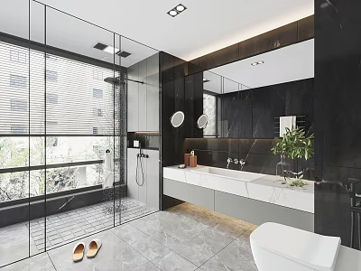 Modern Bathroom Interior With Glass Shower Large Mirror Marble Vanity Potted Plant And Recessed Lighting 3d model