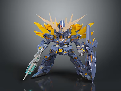 Armored Mech Character With Blue Yellow Armor Horns Shield Weapon And Wing Structures 3d model