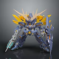 Armored Mech Character With Blue Yellow Armor Horns Shield Weapon And Wing Structures 3d model