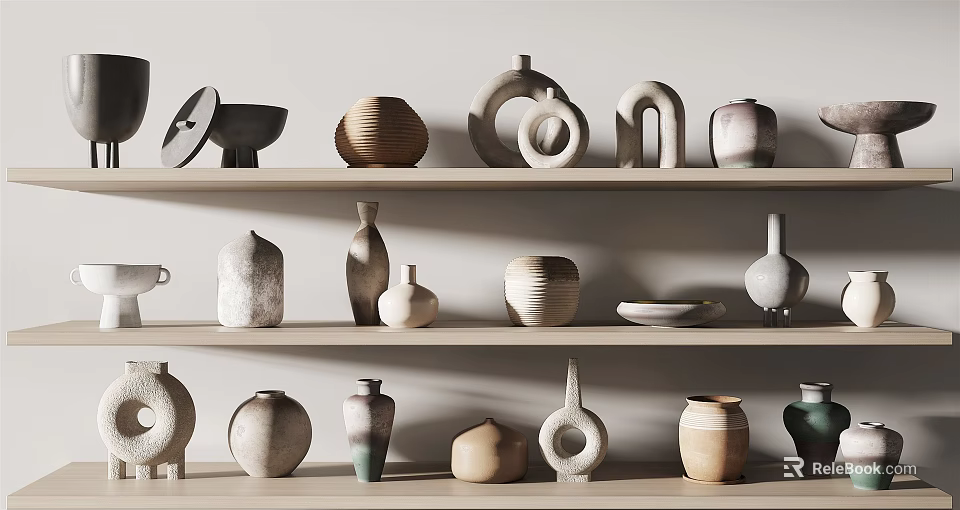 Minimalist Ceramic Vessels Display On Wooden Shelves With Diverse Shapes And Natural Textures 3d model 