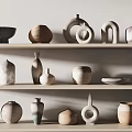 Minimalist Ceramic Vessels Display On Wooden Shelves With Diverse Shapes And Natural Textures