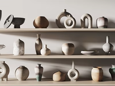 Minimalist Ceramic Vessels Display On Wooden Shelves With Diverse Shapes And Natural Textures 3d model