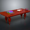Wooden Writing Desk With Carved Legs And Colorful Books Open Book Red Telephone