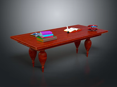 Wooden Writing Desk With Carved Legs And Colorful Books Open Book Red Telephone 3d model