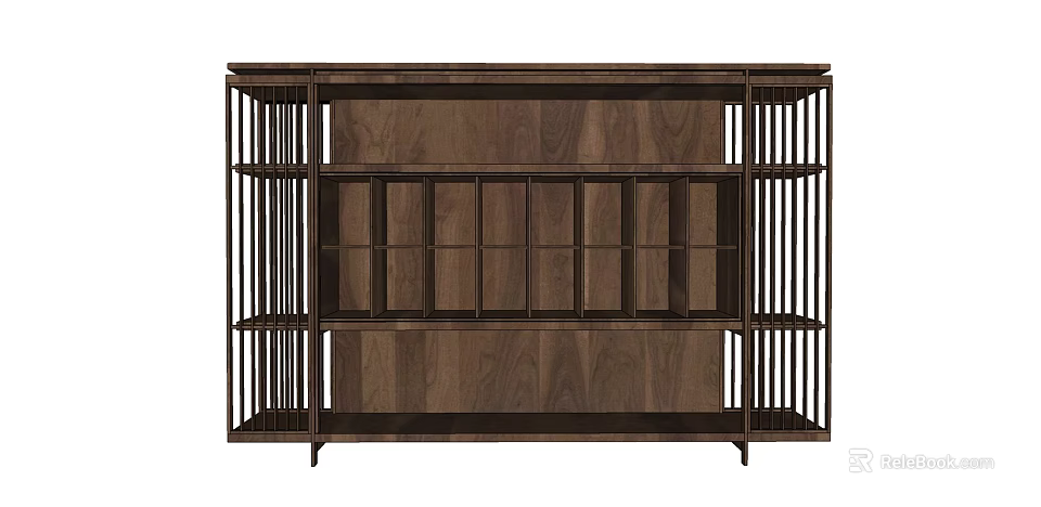Walnut Wooden Wine Cabinet With Modern Grid Design And Multiple Open Storage Shelves 3d model 