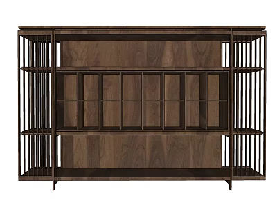 Walnut Wooden Wine Cabinet With Modern Grid Design And Multiple Open Storage Shelves 3d model