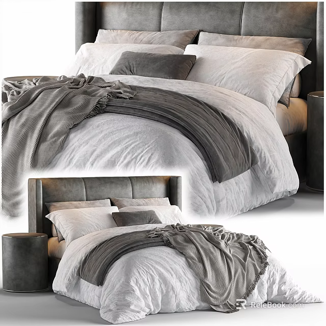 Modern Double Bed With Gray Headboard White Bedding And Gray Blanket 3d model 