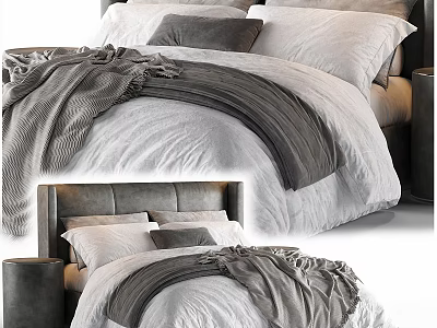 Modern Double Bed With Gray Headboard White Bedding And Gray Blanket 3d model