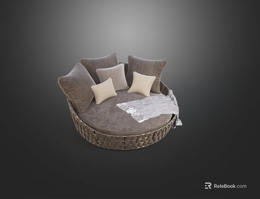 Round Wicker Outdoor Sofa With Neutral Cushions And Soft Throw Blanket For Modern Patio Seating 3d model 