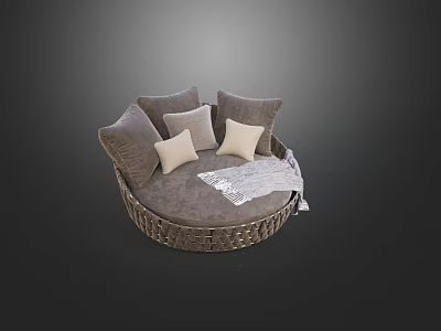 Round Wicker Outdoor Sofa With Neutral Cushions And Soft Throw Blanket For Modern Patio Seating 3d model