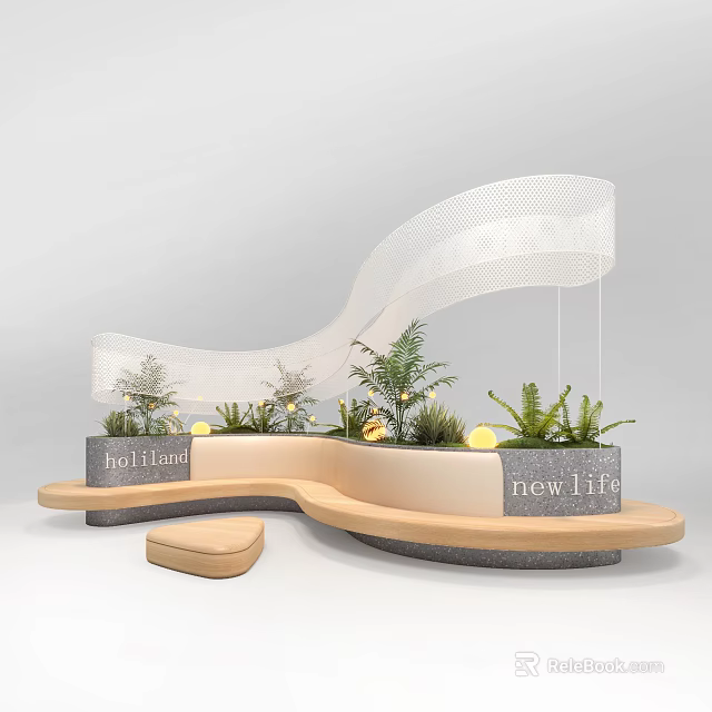 Modern Landscape Seating with Curved Wooden Design and Potted Greenery for Outdoor Areas 3d model 