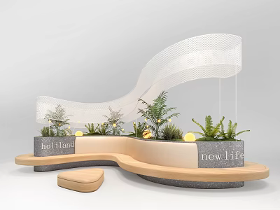 Modern Landscape Seating with Curved Wooden Design and Potted Greenery for Outdoor Areas 3d model