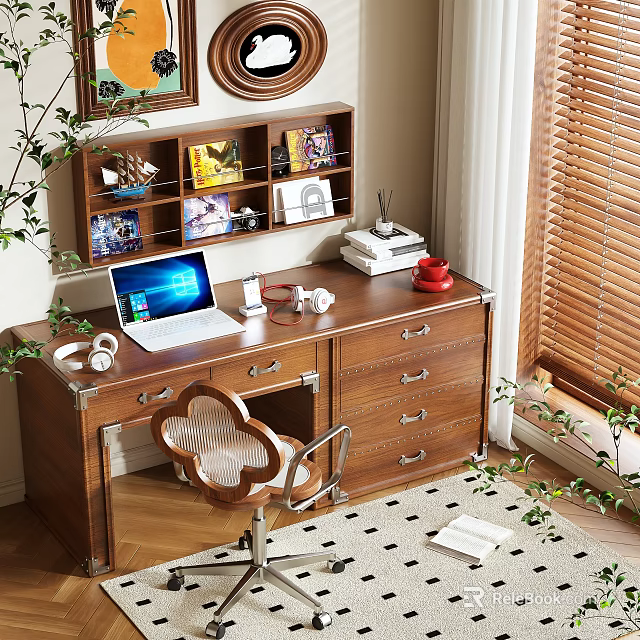 Cozy Wooden Desk With Open Laptop Headphones Red Mug Bookshelf And Green Plants Near Blinds 3d model 