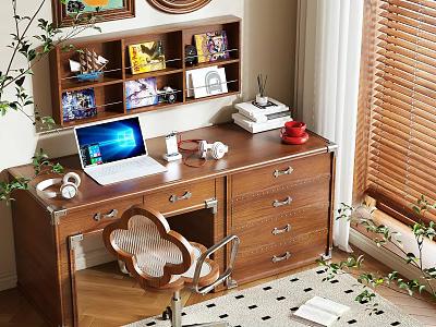 Cozy Wooden Desk With Open Laptop Headphones Red Mug Bookshelf And Green Plants Near Blinds 3d model