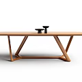 Wooden Dining Table with Unique Geometric Table Legs and Small Black Objects on Top 3d model