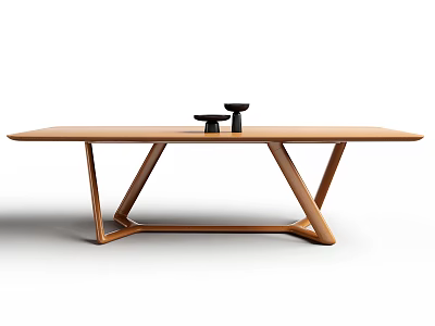 Wooden Dining Table with Unique Geometric Table Legs and Small Black Objects on Top 3d model