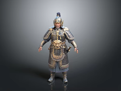 Man In Full Body Ancient Warrior Armor With Golden Decorations And Helmet 3d model