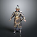 Man In Full Body Ancient Warrior Armor With Golden Decorations And Helmet