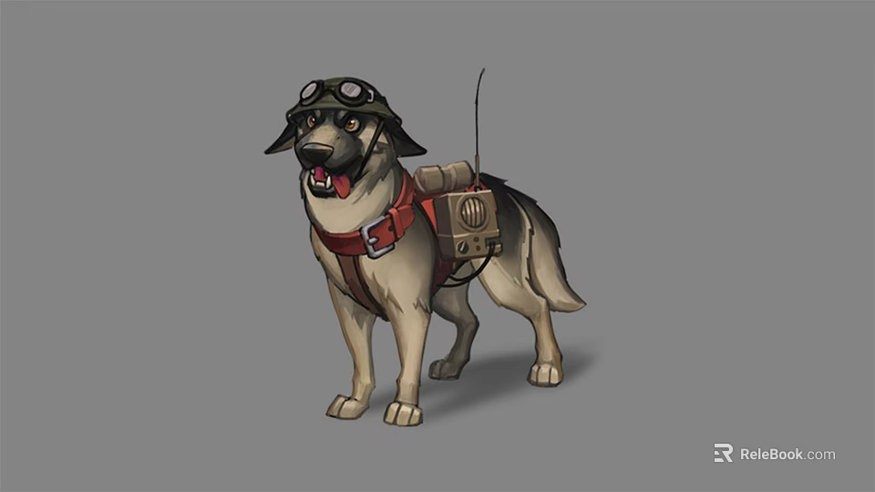 German Shepherd Dog Wearing Aviator Goggles With Backpack Device On Back 3d model 
