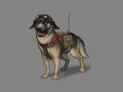 German Shepherd Dog Wearing Aviator Goggles With Backpack Device On Back 3d model