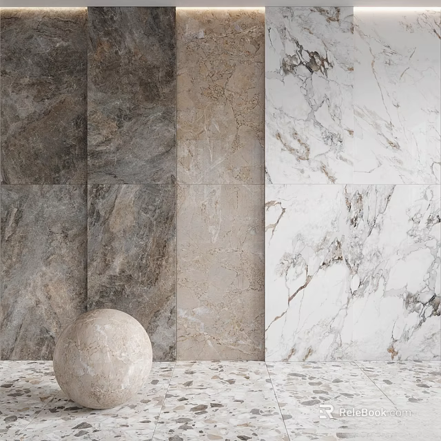 Marble And Stone Wall Components With Various Textures Colors And Decorative Sphere 3d model 