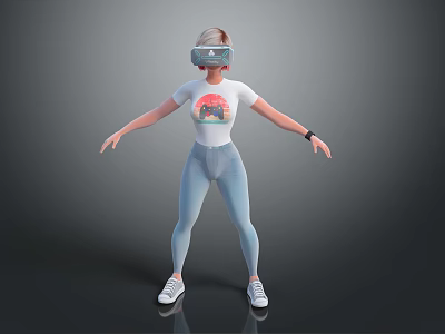 Woman Wearing VR Headset With Brain Graphic T-Shirt In Virtual Reality Experience 3d model