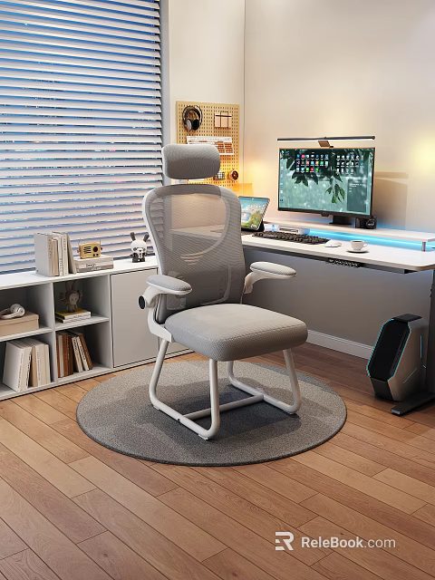 Modern Mesh Office Chair with Headrest in Home Office Setup with Computer and Bookshelf 3d model 