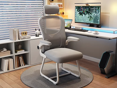 Modern Mesh Office Chair with Headrest in Home Office Setup with Computer and Bookshelf 3d model