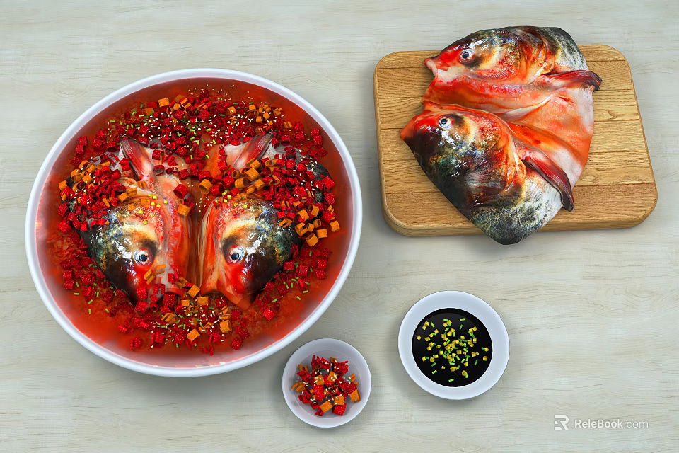 Cooked Fish Heads with Red Chili Peppers and Seasonings in Ceramic Bowl and Wooden Board 3d model 