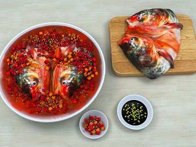 Cooked Fish Heads with Red Chili Peppers and Seasonings in Ceramic Bowl and Wooden Board 3d model