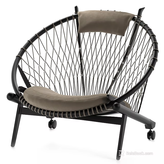 Stylish Modern Lounge Chair With Metal Mesh Design Gray Cushion And Black Frame Wheels 3d model 