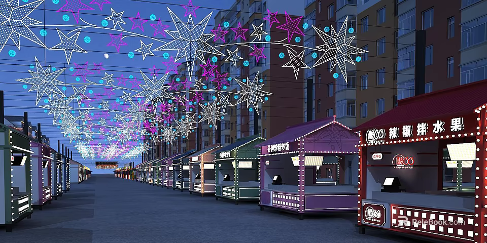 Illuminated Commercial Street Featuring Colorful Decorative Star Lights And Festive Stalls 3d model 