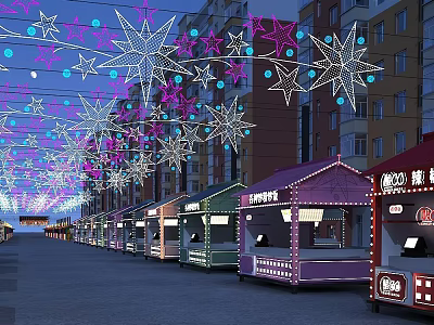 Illuminated Commercial Street Featuring Colorful Decorative Star Lights And Festive Stalls 3d model