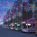 Illuminated Commercial Street Featuring Colorful Decorative Star Lights And Festive Stalls