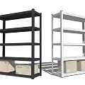 Gray and White Multi Tiered Display Shelves with Storage Boxes on Bottom Tier 3d model
