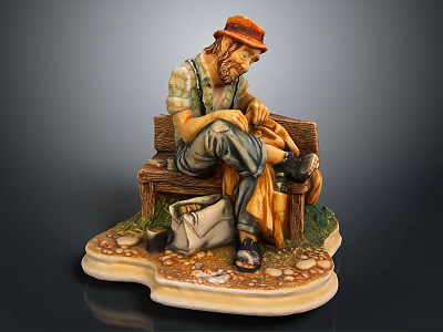 Game Movie Character in Orange Hat Mending Clothes on Wooden Bench with Bag and Stones 3d model