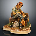 Game Movie Character in Orange Hat Mending Clothes on Wooden Bench with Bag and Stones