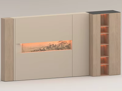 Modern Feature Wall Design With Beige Decorative Panel Warm Lighting And Wooden Shelves 3d model