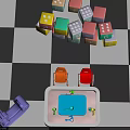 Colorful Toy Blocks With Toy Car And Sink On Checkerboard Floor