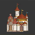 Fairy Tale Castle Architecture With Red Domes White Walls and Flag Topped Towers