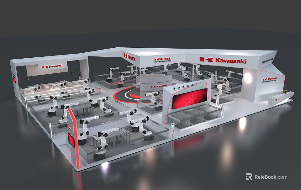 Kawasaki Exhibition Booth With Modern Design Robots Display And Large Screen 3d model 