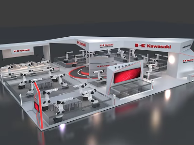 Kawasaki Exhibition Booth With Modern Design Robots Display And Large Screen 3d model