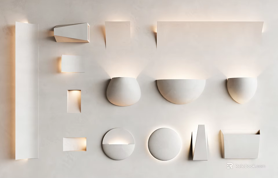 Various Shaped Modern Wall Lamps Display on White Wall with Lighting Design 3d model
