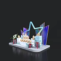 Colorful Display Stand With Eggs On Stepped Platform White Flowers Red Gifts And Geometric Decor