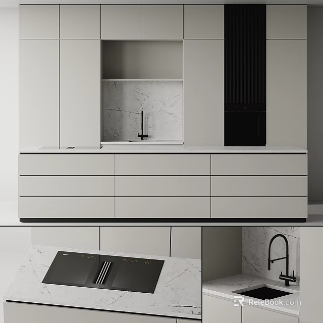 Modern Kitchen Cabinets With Marble Backsplash And Sink 3d model 